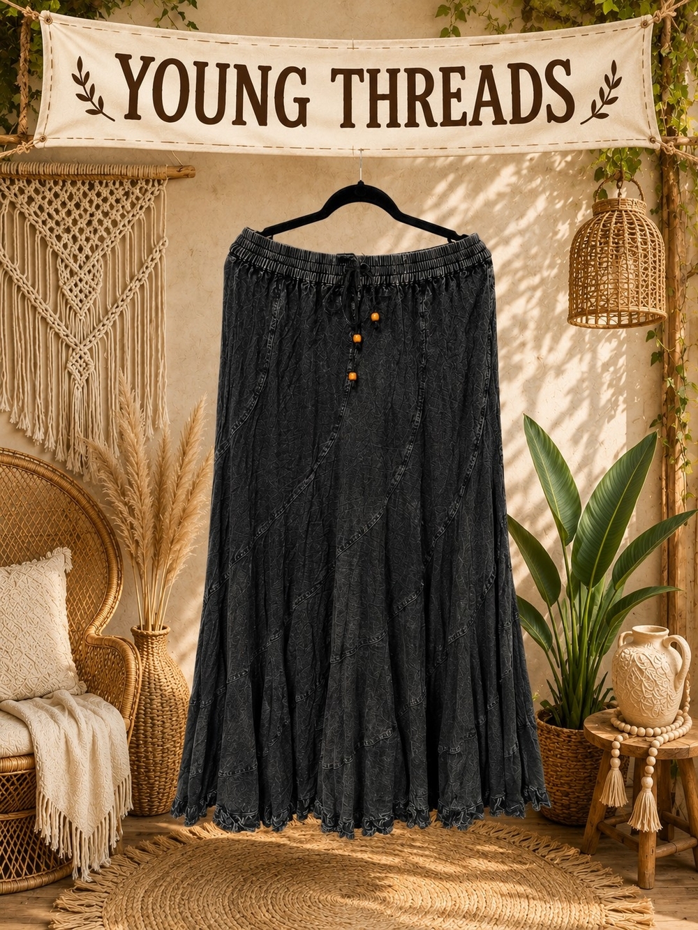 Young Threads Black Relaxed Maxi Skirt